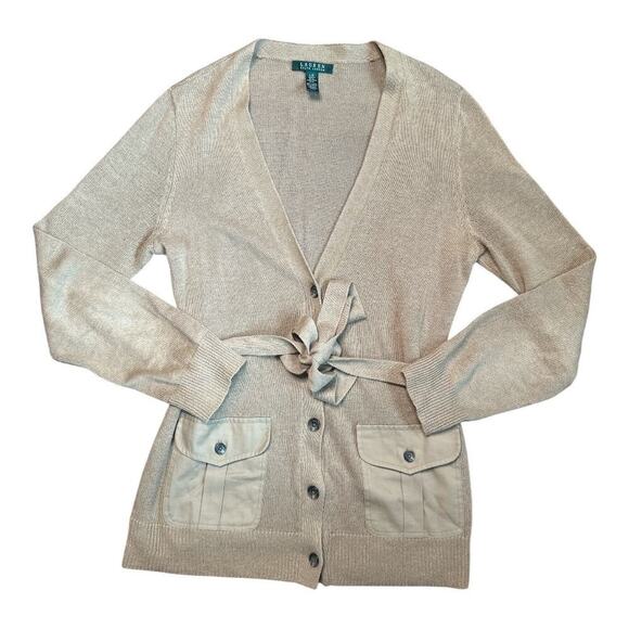Vintage RALPH LAUREN Camel Tan Belted Cardigan Linen Cotton Pockets Safari Sz L - Picture 1 of 5